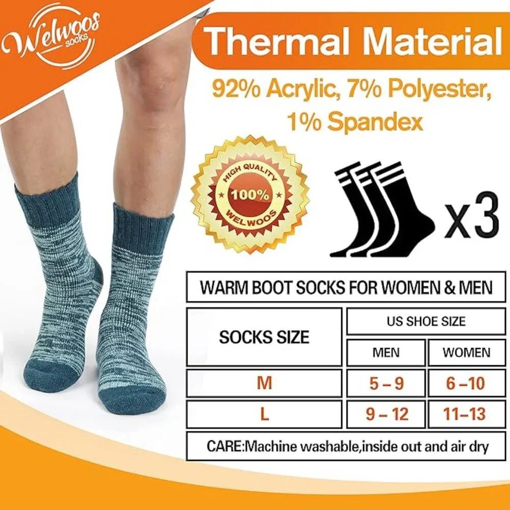 3 Pairs Warm‎ Thermal Socks  Winter Ski Thick Boot Insulated for Men and Women